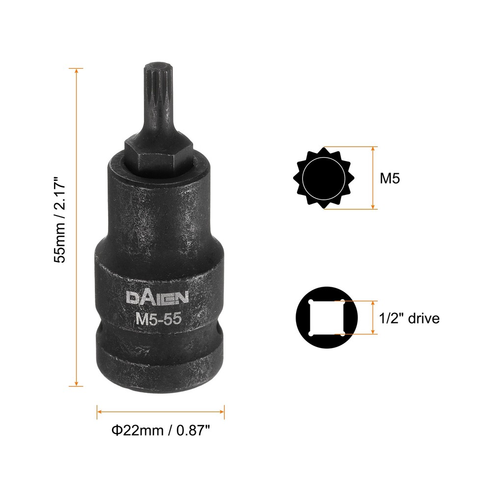 M5 12 Point Spline Bit Socket 55mm Length 1/2" Square Impact Bit, Black