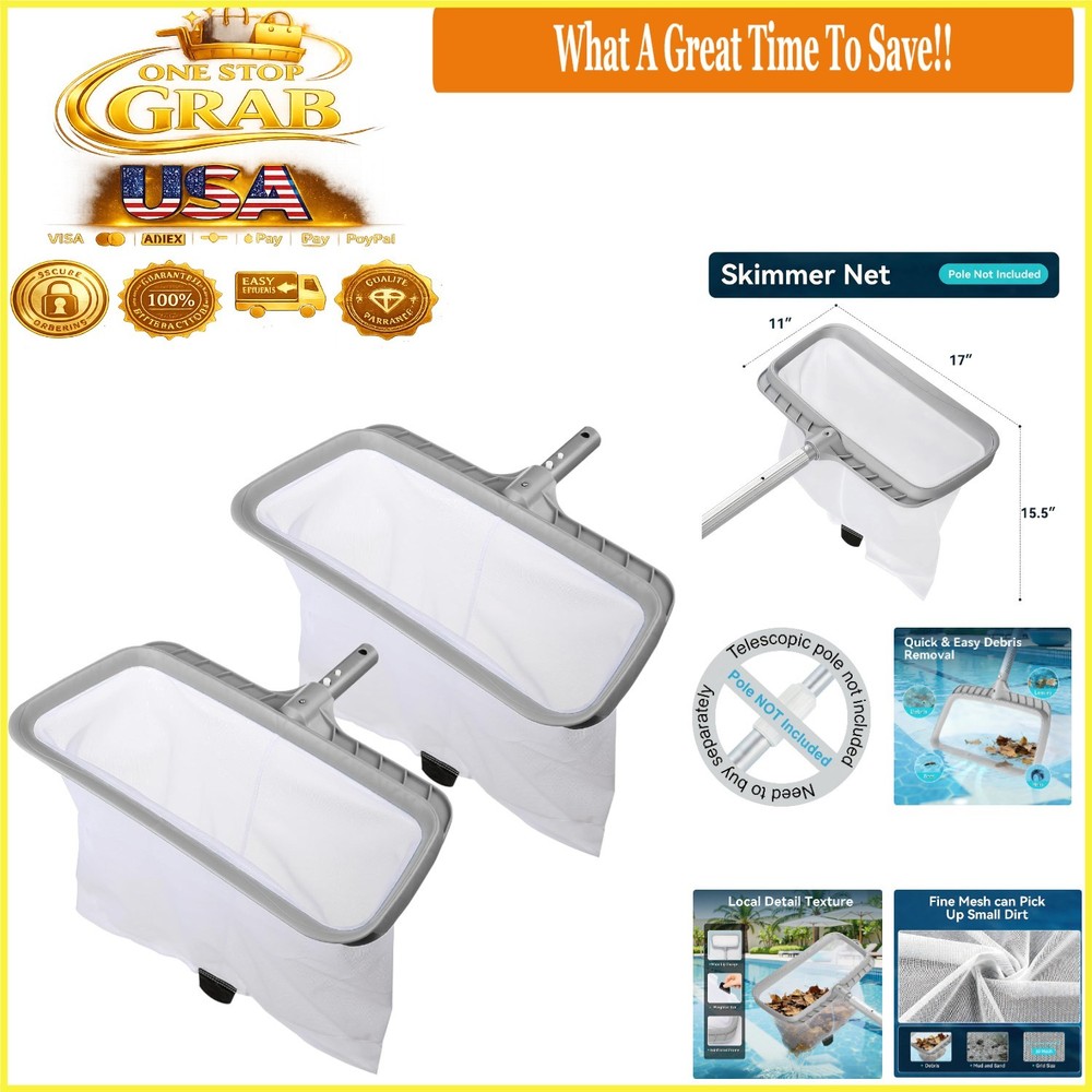 2 Pack Pool Skimmer Nets Heavy Duty Leaf Rake Fine Mesh Grey Frames