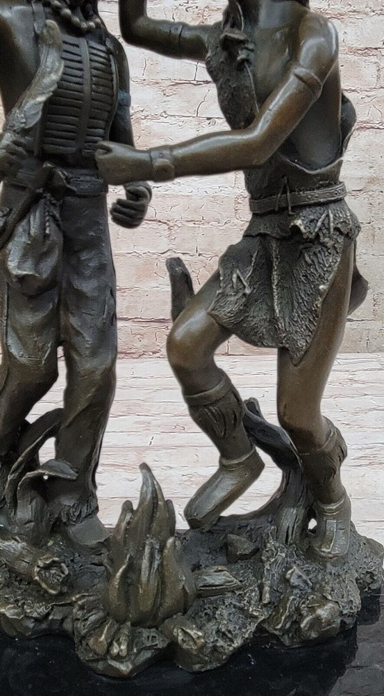 Handcrafted Two Indian Warrior Dancing Over the Fire Bronze Sculpture Artwork