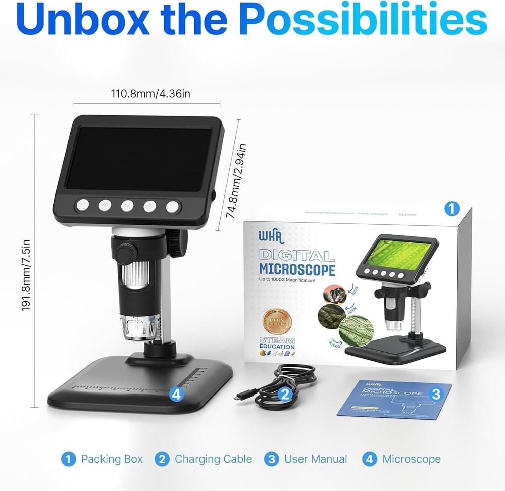 Versatile 1080P USB Digital Microscope with 4.3" LCD and 8 Adjustable LED Lights