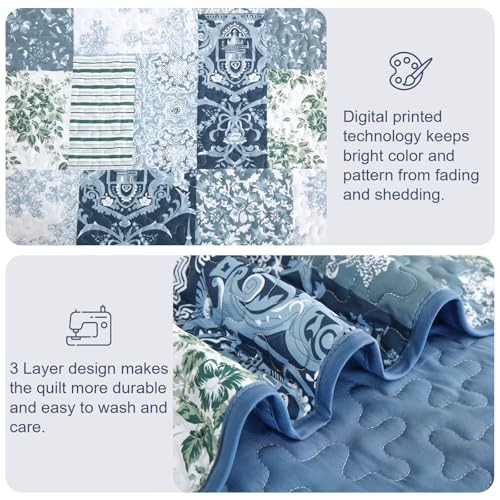 Patchwork Quilt Set Size Plaid Reversible Bedspread Coverlet Set 3 King Blue