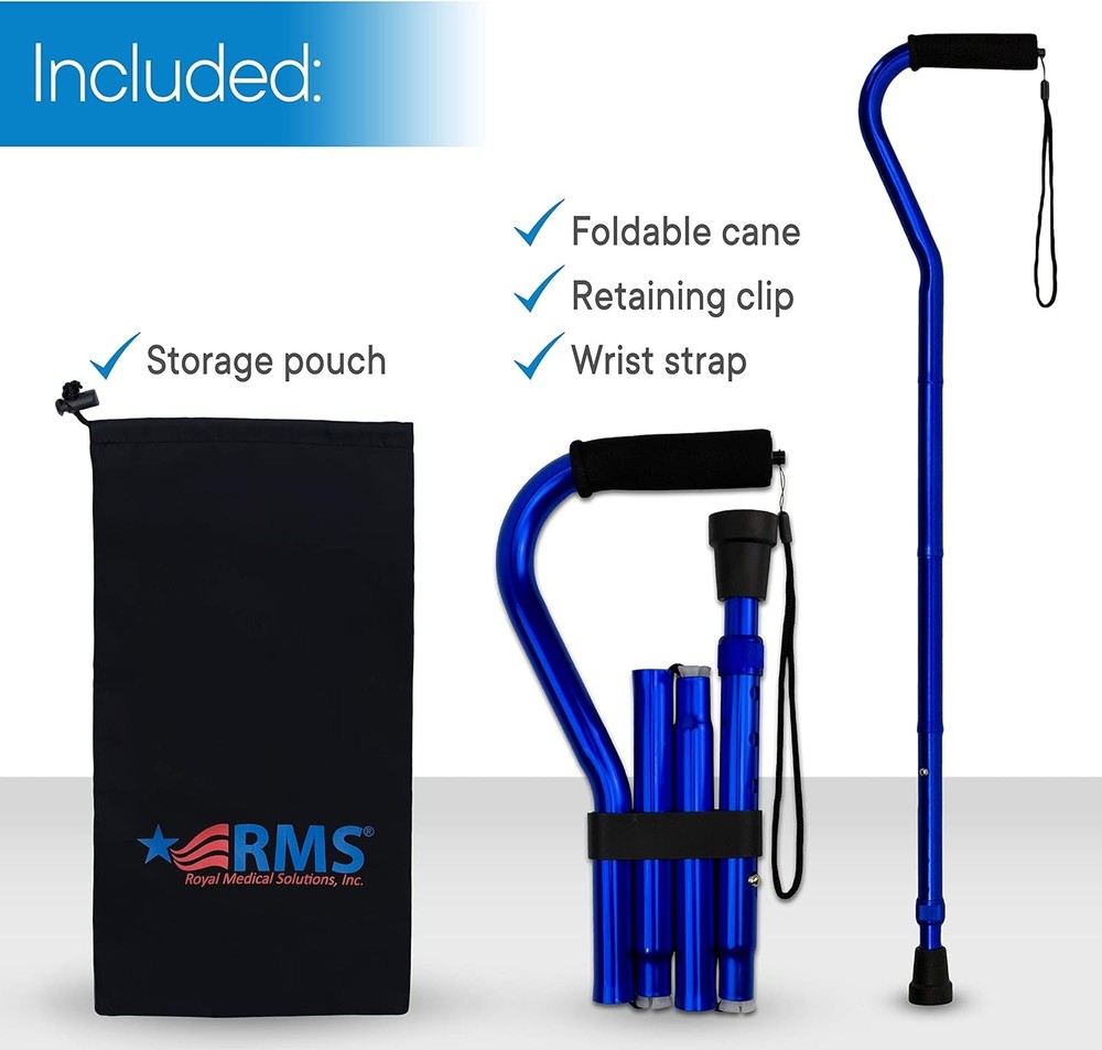 RMS Folding Cane with Offset Foam Handle, Adjustable Walking Stick Blue