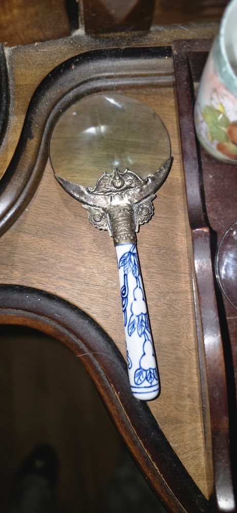 Antique Magnifying Glass handpainted Blue on  White Ceramic Handle .