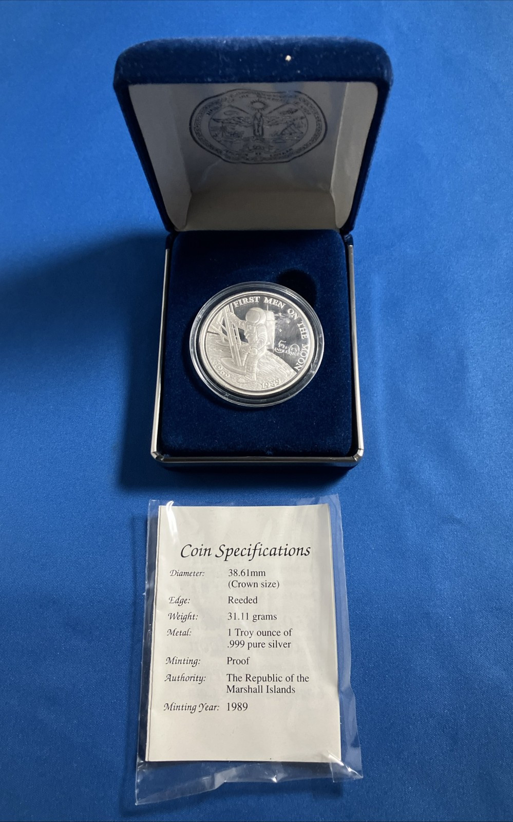 1989 Marshall Islands Silver Proof First Men on the Moon Fifty 50 Dollar Coin