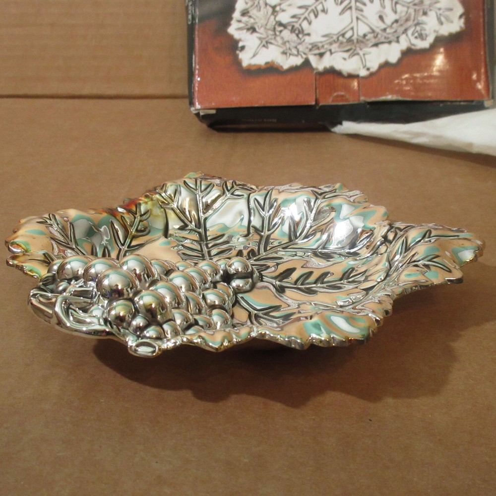 Vtg NOS w/Box GODINGER Silver Plate Candy Dish Grape Cluster & Leaf Design 7"×7"