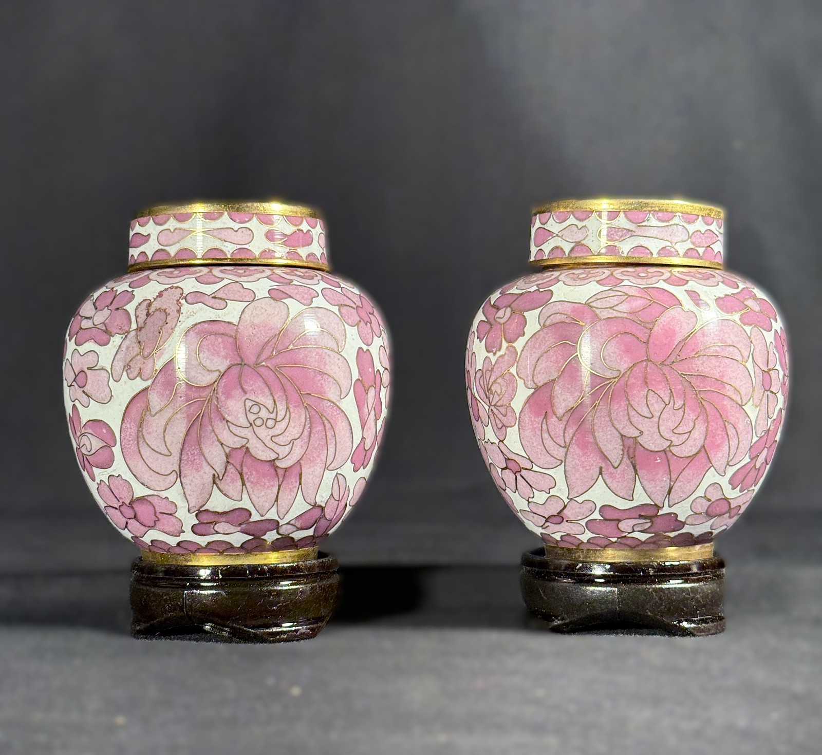 Vintage Cloisonné Mini Ginger Jar Pair Pink Floral w/ Lids Stands Box