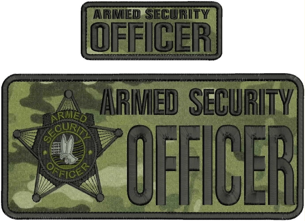 ARMED SECURITY OFFICER EMB PATCH 4X10 AND 2X5 HOOK ON BACK BLACK ON MULTICAM
