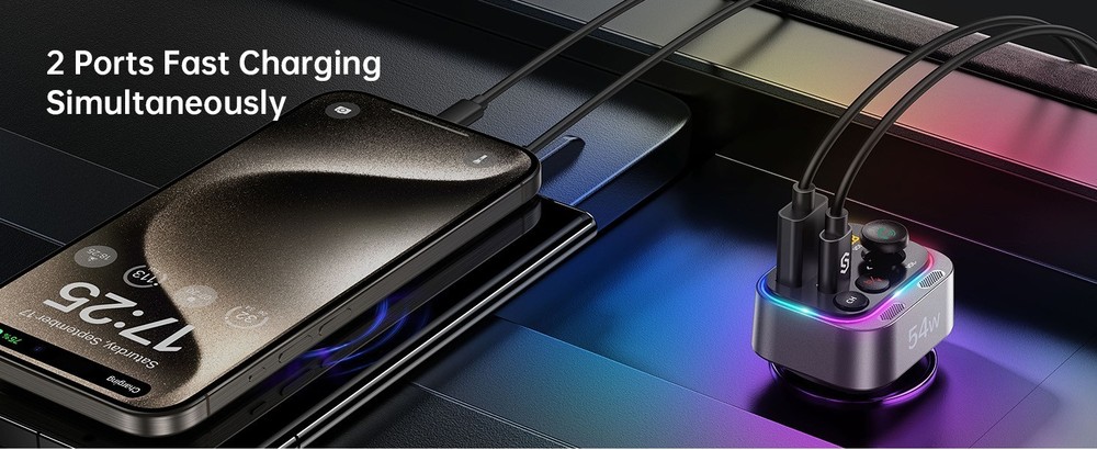 Bluetooth 5.4 FM Transmitter Car Adapter 54W PD Fast Charging, Dual Mics, HiFi B