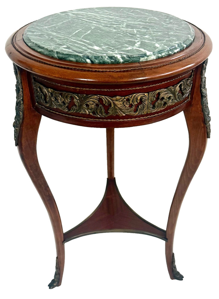 Early 20th-C Louis XV Walnut Ormolu Mounted Marble Top Side Table