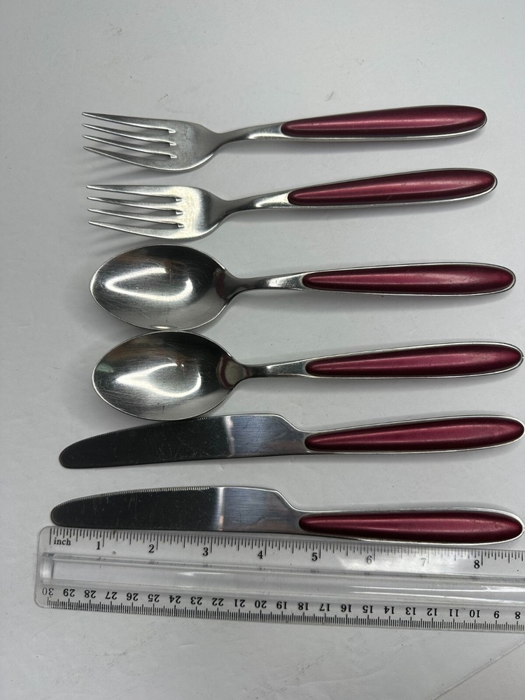 Red handle Stainless Flatware Replacement 6 Pc Pearlized Burgundy Resin