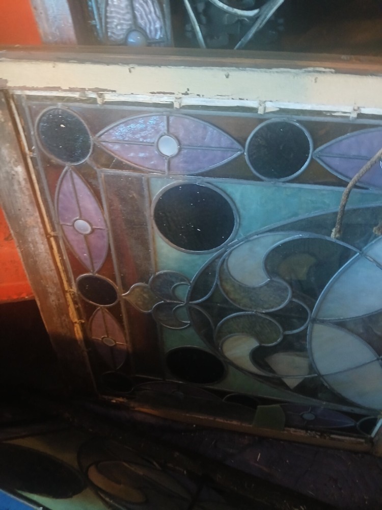 antique stained glass window pair