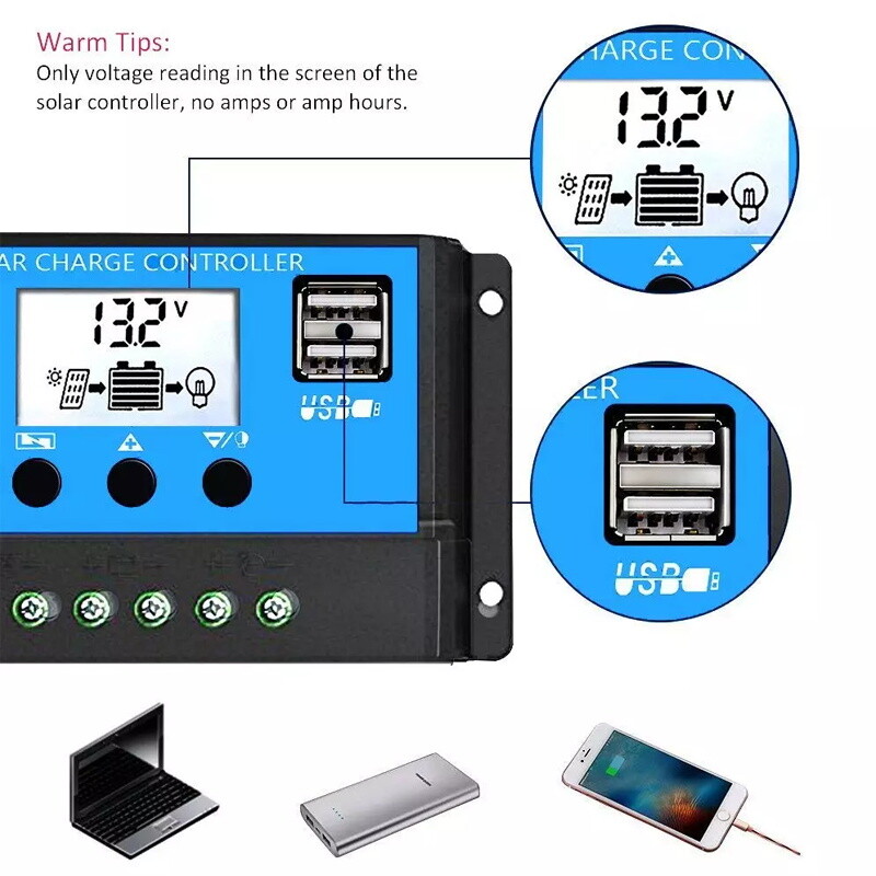 30A Solar Panel Battery Charge Controller 12V/24V LCD Regulator Auto Dual USB