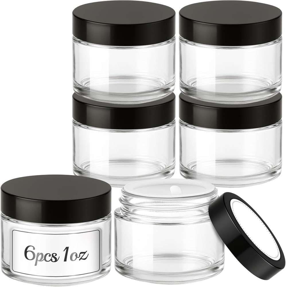 1Oz Small Glass Jars with Lids, 6 Pack Refillable Lip Balm Containers, Empty Cle