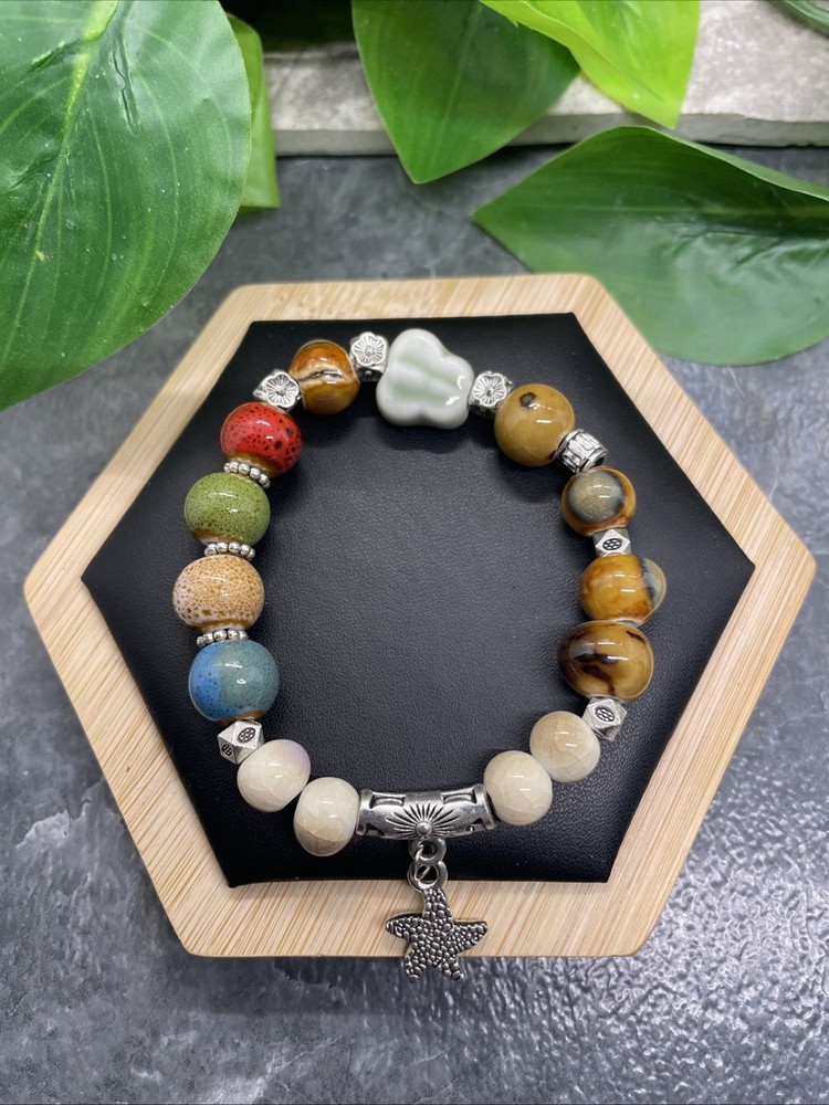 Handmade Ceramic Bead Beaded Stackable 6.5” Plus Stretch Bracelet New B331