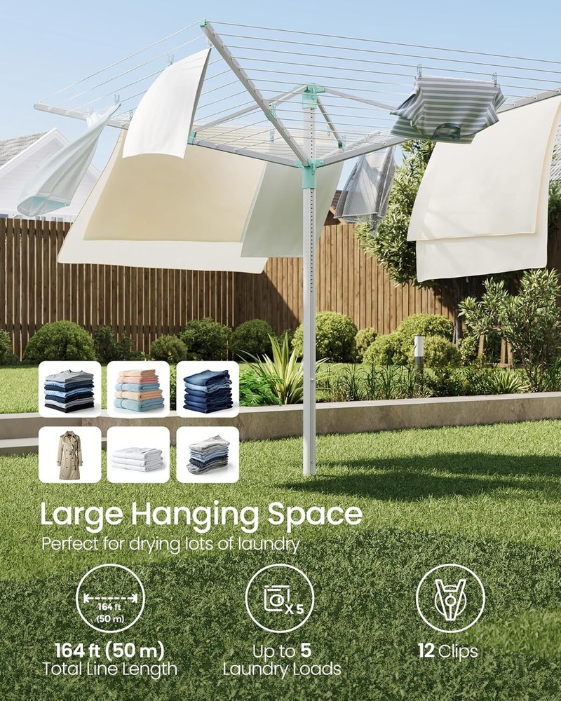 Umbrella Drying Rack, Retractable Outdoor Drying Rack, Height Adjustable, 164 ft