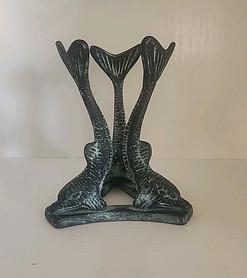 Vintage Solid Bronze Three Dolphin Orb/Candle Holder