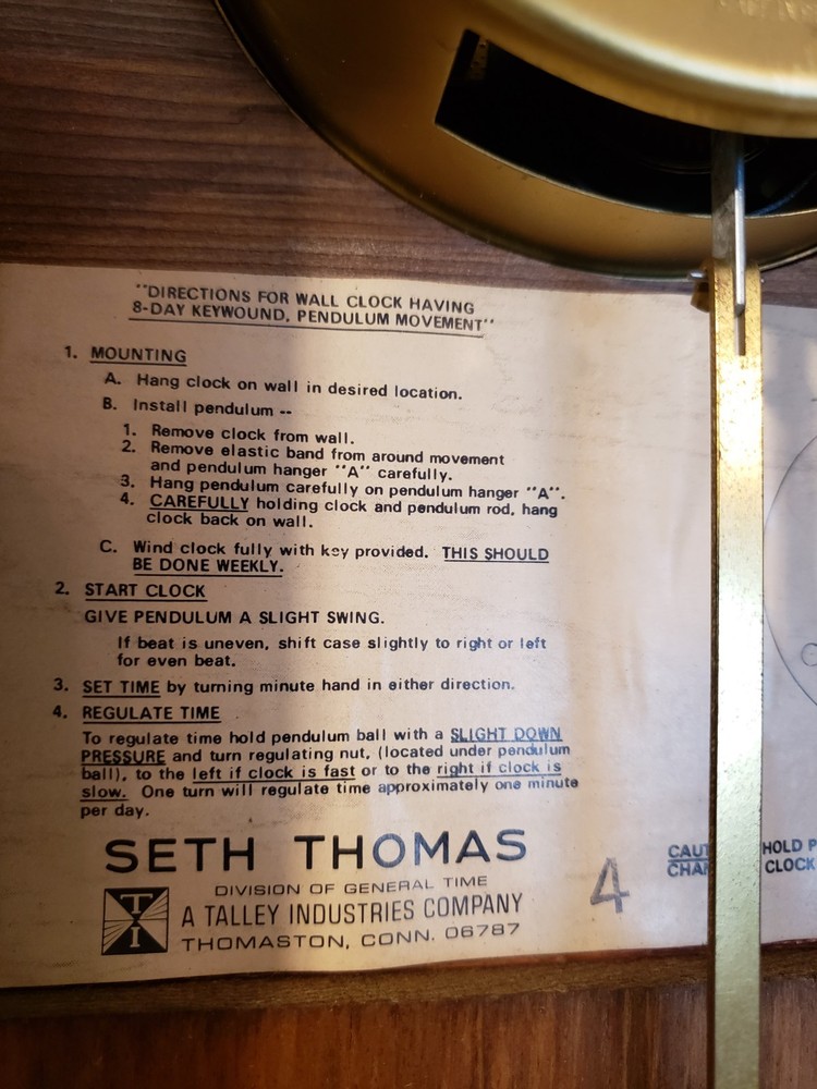 Seth Thomas Golden Rule Pendulum Wall Clock E477-005 Untested