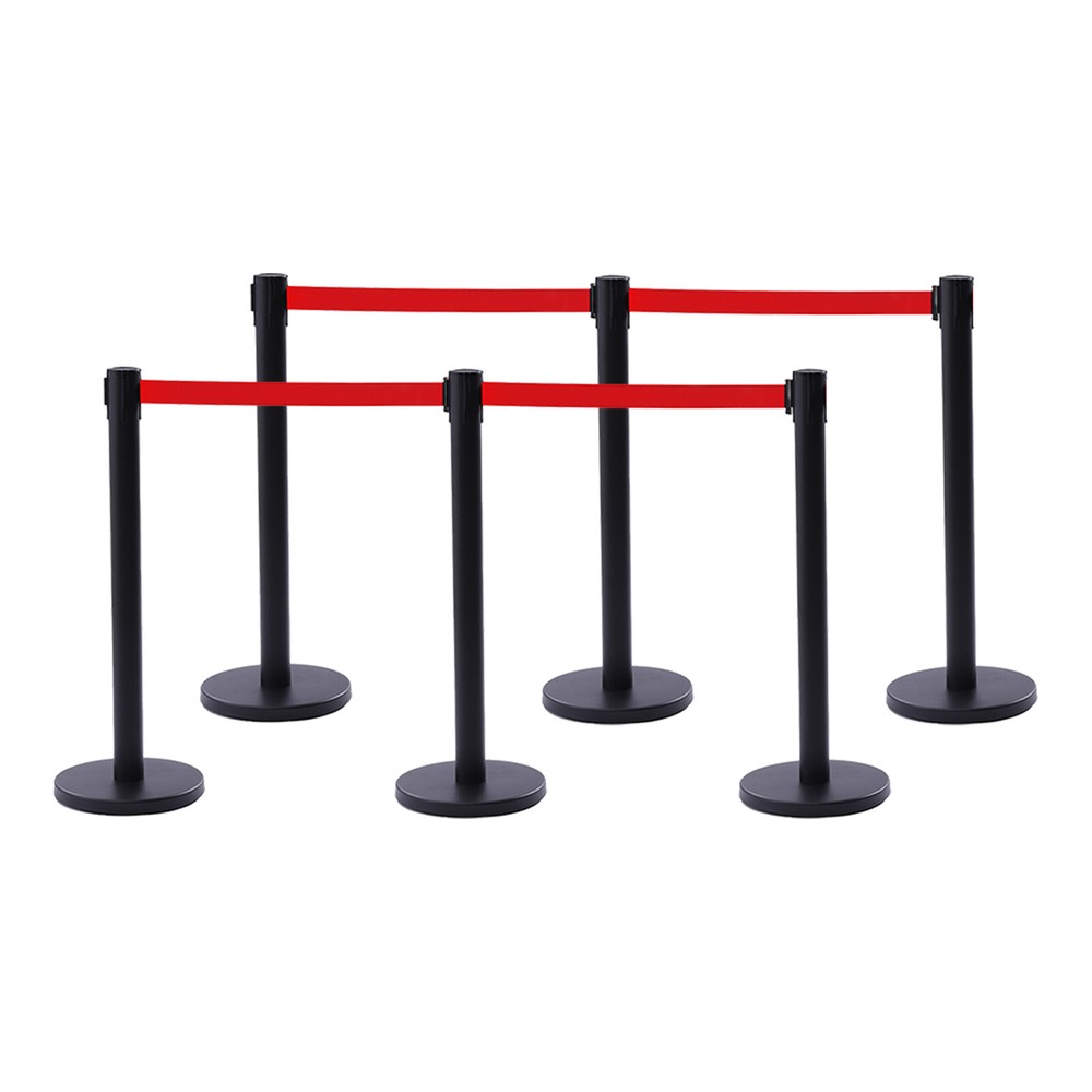 6Pcs Crowd Control Barrier Queue Poles Black Stanchion Posts w/Retractable Belt