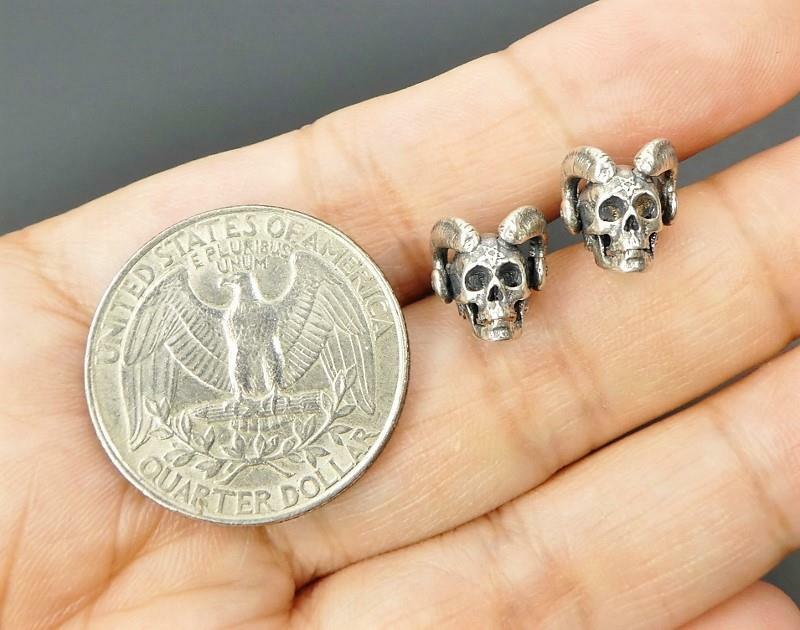 Handmade Sterling Silver Devil Demon Skull Horn Stud Post Earrings Gothic Punk