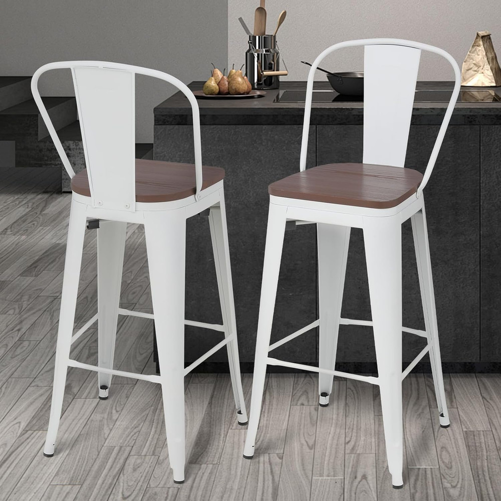 Set of 2 30.5'' High Back Bar Stools, Stackable Metal Frame, Farmhouse Style