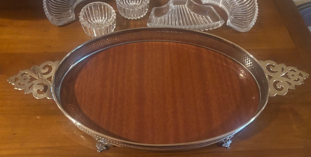 VTG Raimond Silverplate Footed Tray w/ Lead Crystal Inserts, Wood Grains Formica
