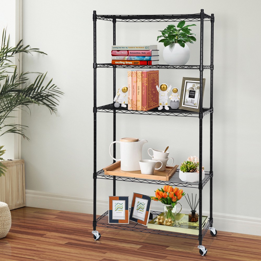 5 Layer Unit Wire Rack Storage Shelf Black Holder Kitchen Display with 4 Wheels