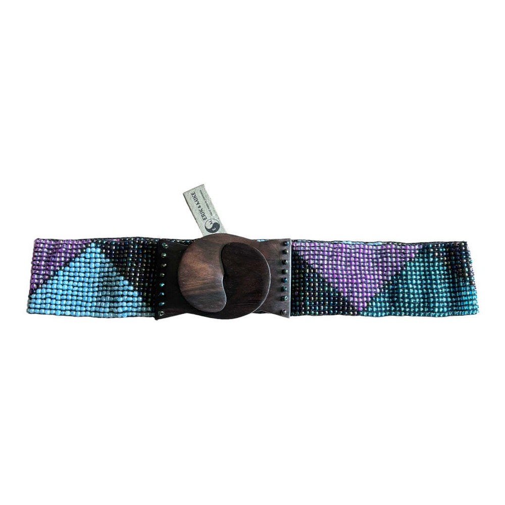 Hand loomed glass bead belt wood scroll triangles
