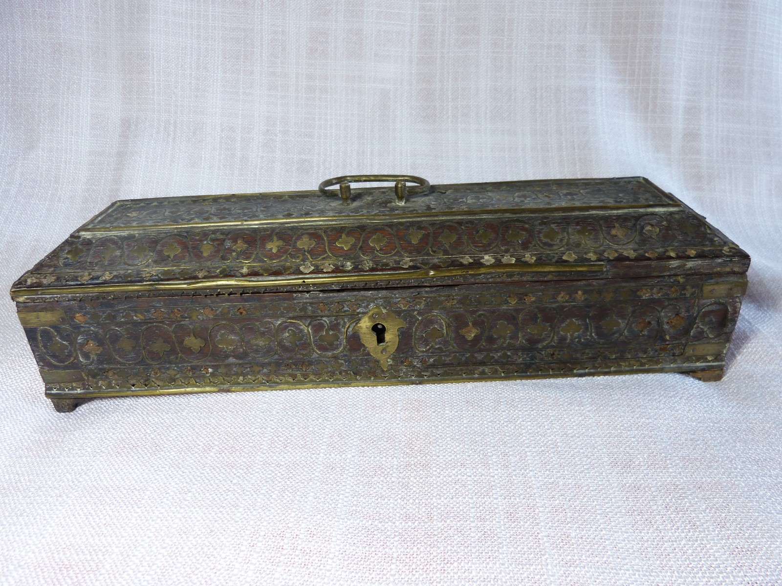 Antique 19th Century 19th Century Brass Inlay Wooden Glove Box Set