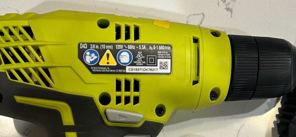 Electric Drill Ryobi 3/8 in. Corded Drill – 120V Variable Speed – Model D43