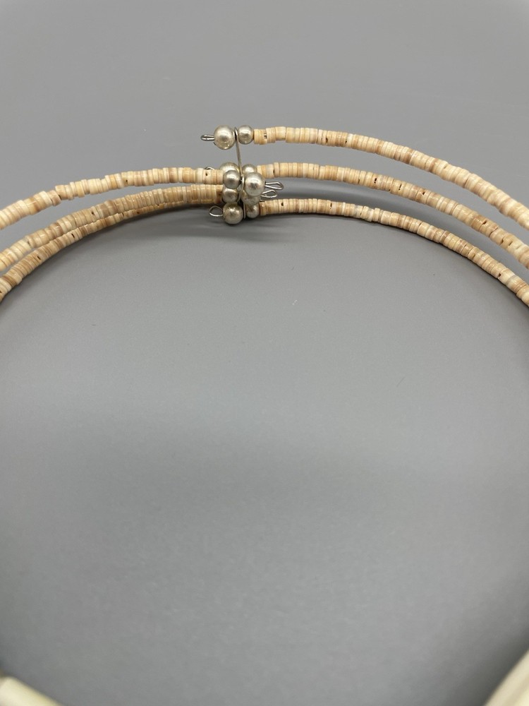 Handmade native necklace cream, turquoise, silver beads with feather
