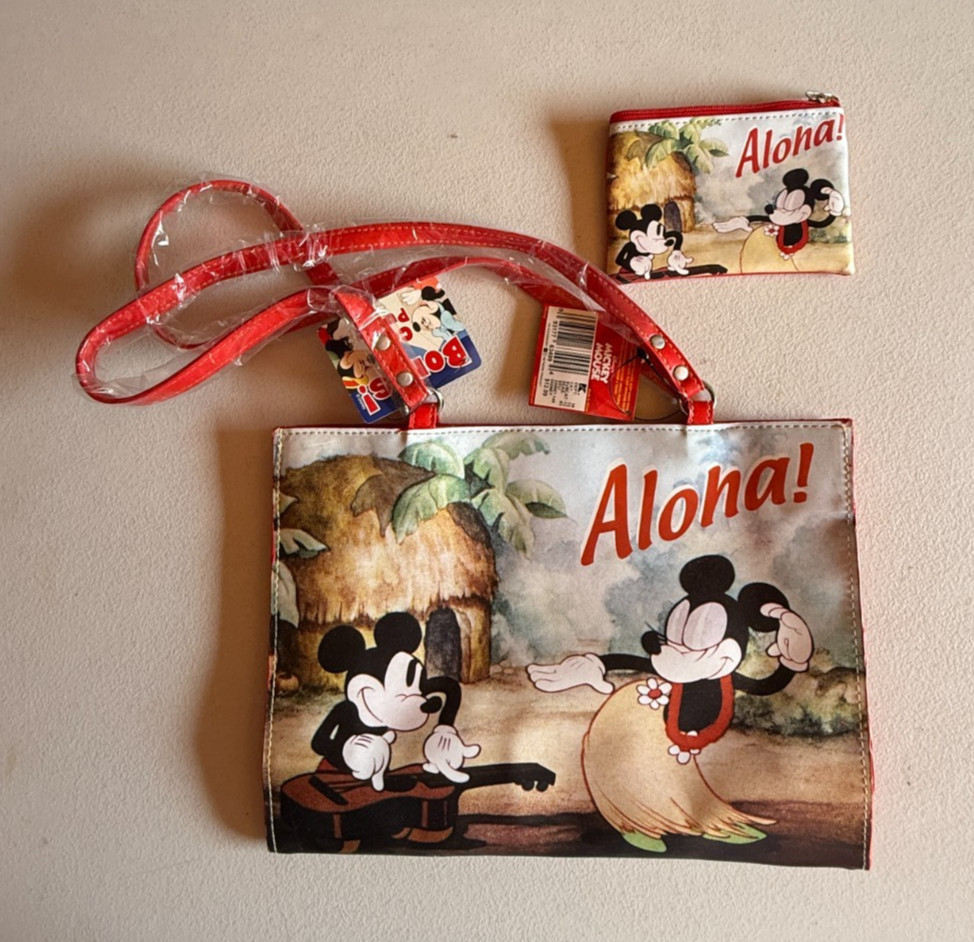 Disney Mickey & Minnie Aloha Small Red Tote Bag Purse Hawaii Retro Vintage Look