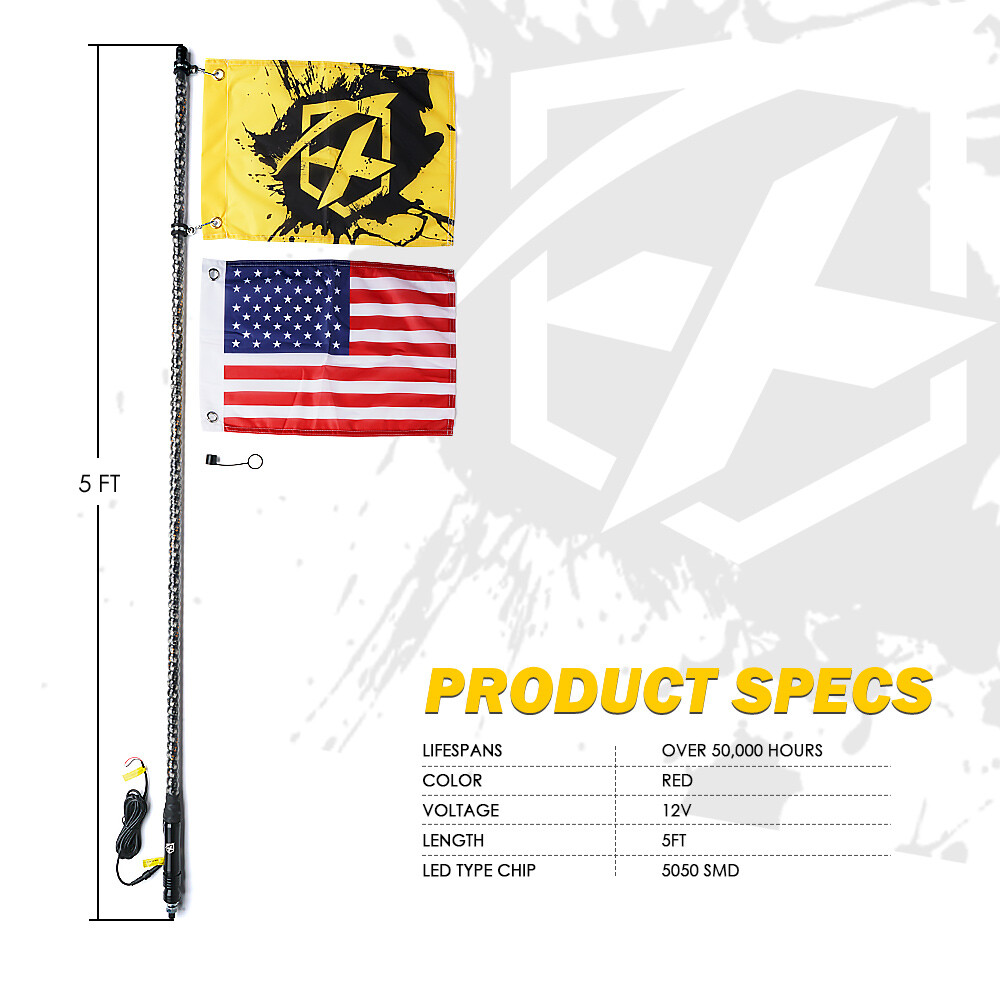 5FT RED Spiral LED Whip Lights G3 Series with USA Flag For Jeep ATV UTV RZR SXS