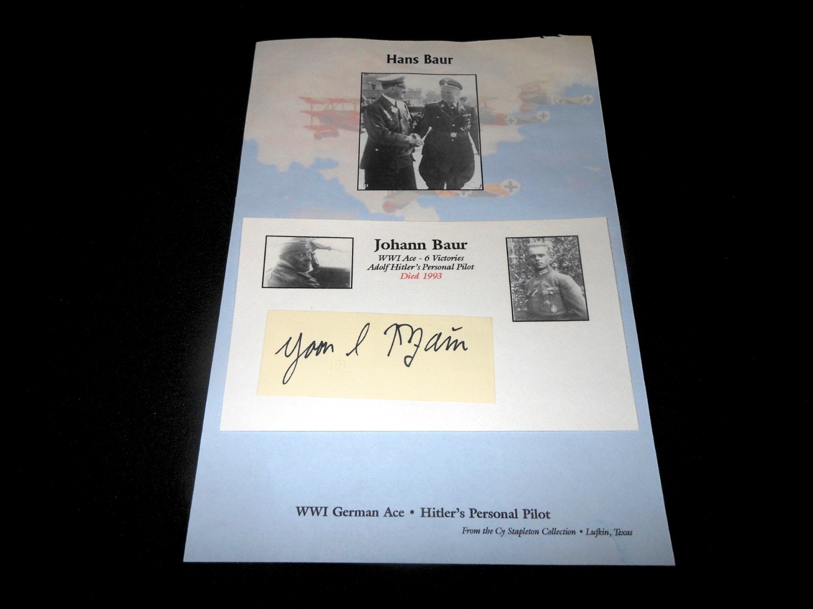 WW2 German Luftwaffe Autograph - GRUPPENFURER HANS BAUER - SIGNED PHOTO - NICE!