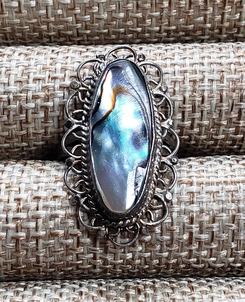 Vintage Abalone Shell Ring Filigree Setting Mexico Silver