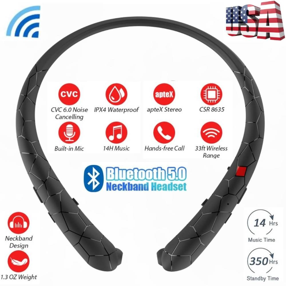 Sweatproof Neckband Headset Wireless Bluetooth Retractable Headphones Earbuds