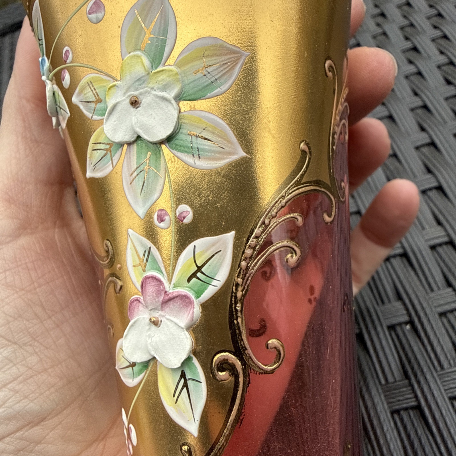 BOHEMIA CZECH REPUBLIC GOLD HIGH ENAMEL CRANBERRY HANDMADE CRYSTALEX VASE