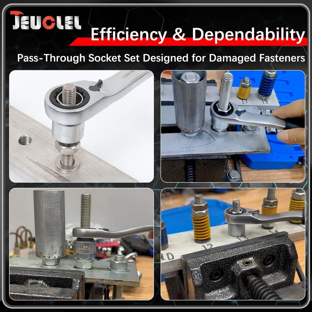 17PCS Pass Through Socket Set Chrome Vanadium Steel Space-Saving Efficient Grip