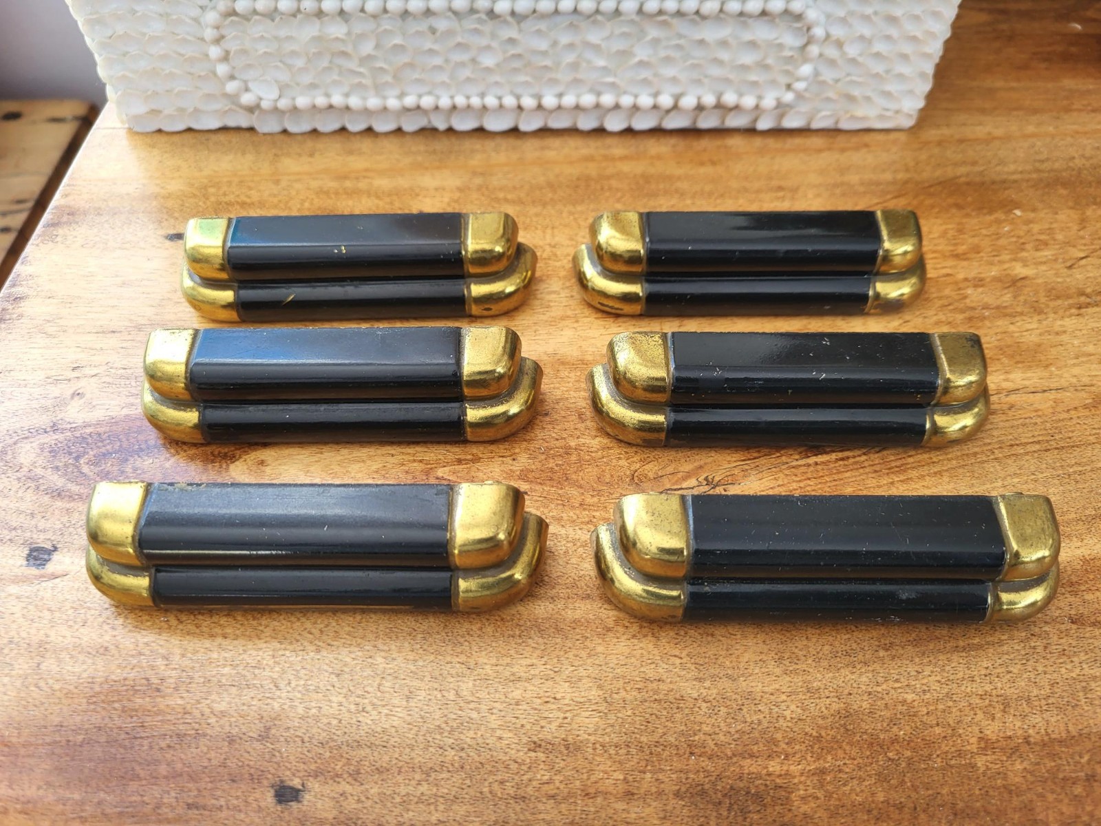 6 vintage art deco style, black & brass dresser handles / pulls