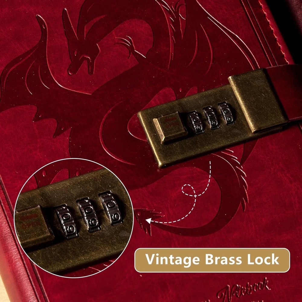 Dragon Leather Journal Notebook, Diary with Combination Lock, Lined/...