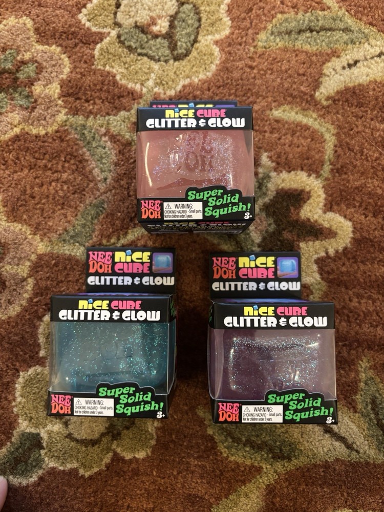 Nee Doh Nice Cube Glitter & Glow Super Solid Squish Squeezable Set Of 3