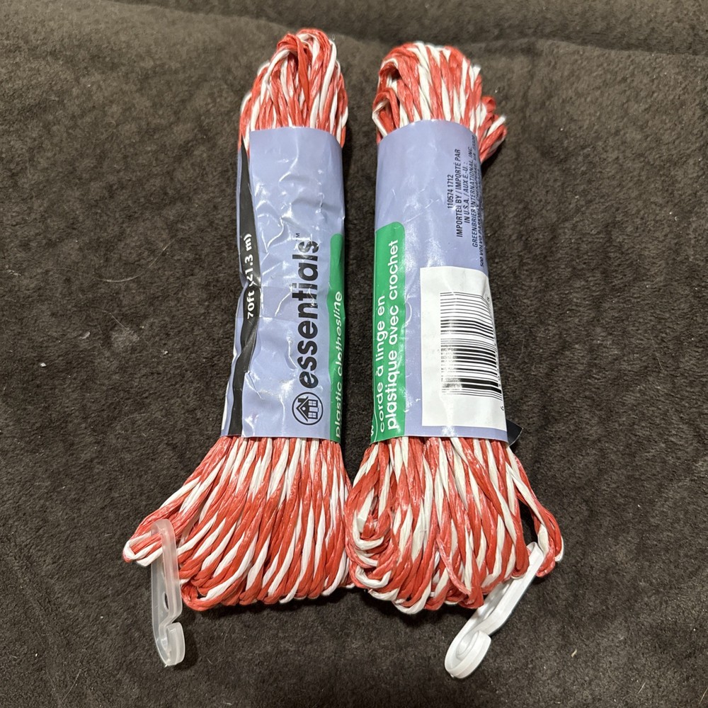 2 Pack Laundry Essentials Red & White Plastic Clothesline 70 Feet