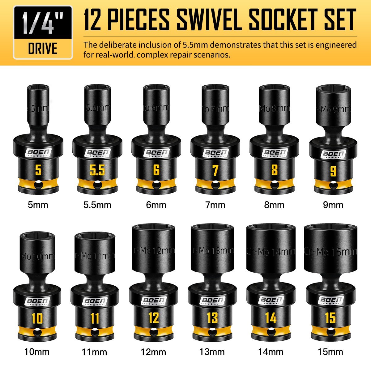 12-Piece 1/4” Drive Impact Swivel Socket Set, Metric 5mm-15mm , CR-MO Steel