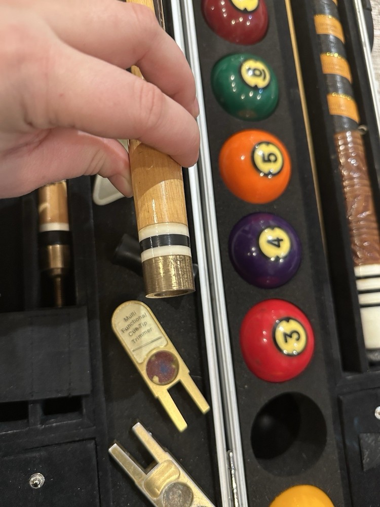 Brunswick Centennial Pool Balls Set With Aramith Case And 2 Schlitz Pool Sticks