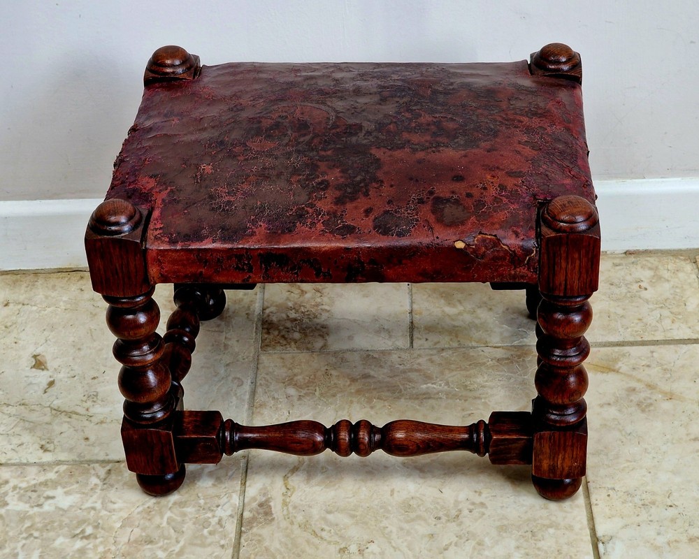 Antique Farmhouse Rustic Turned Wood &Leather Stool