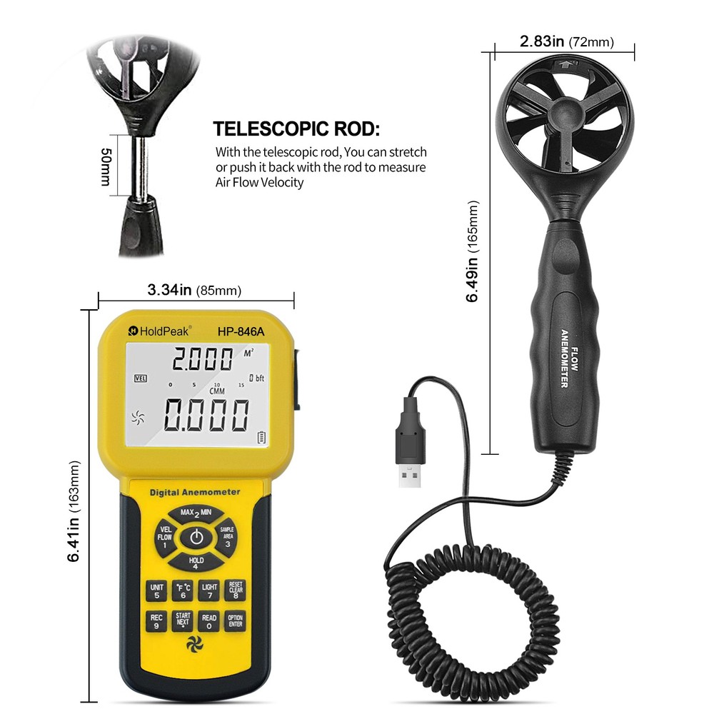 Anemometer Handheld CFM CMM Meter HVAC Wind Speed Air Flow Volume Test Max 45m/s