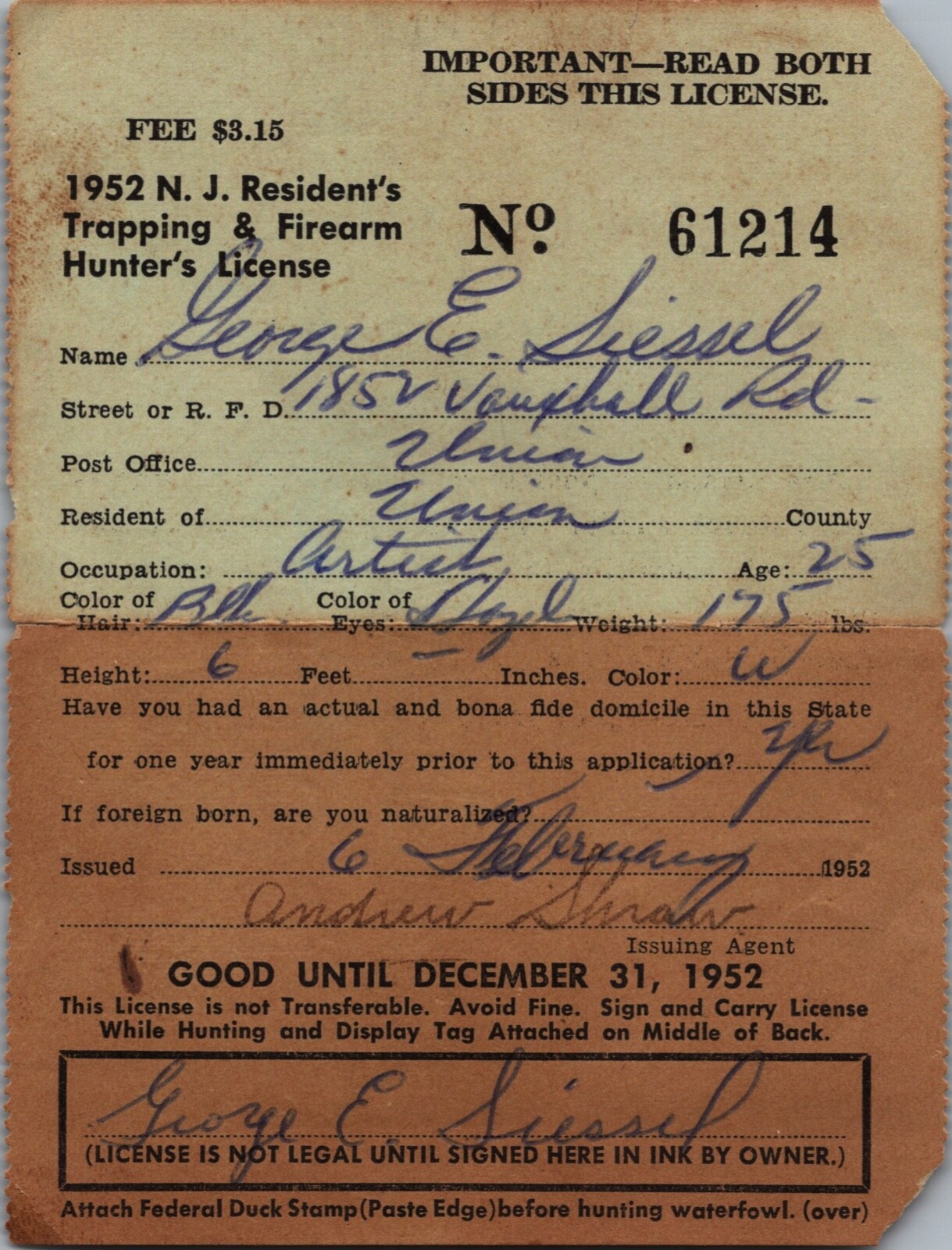 Hunting License 1952 New Jersey