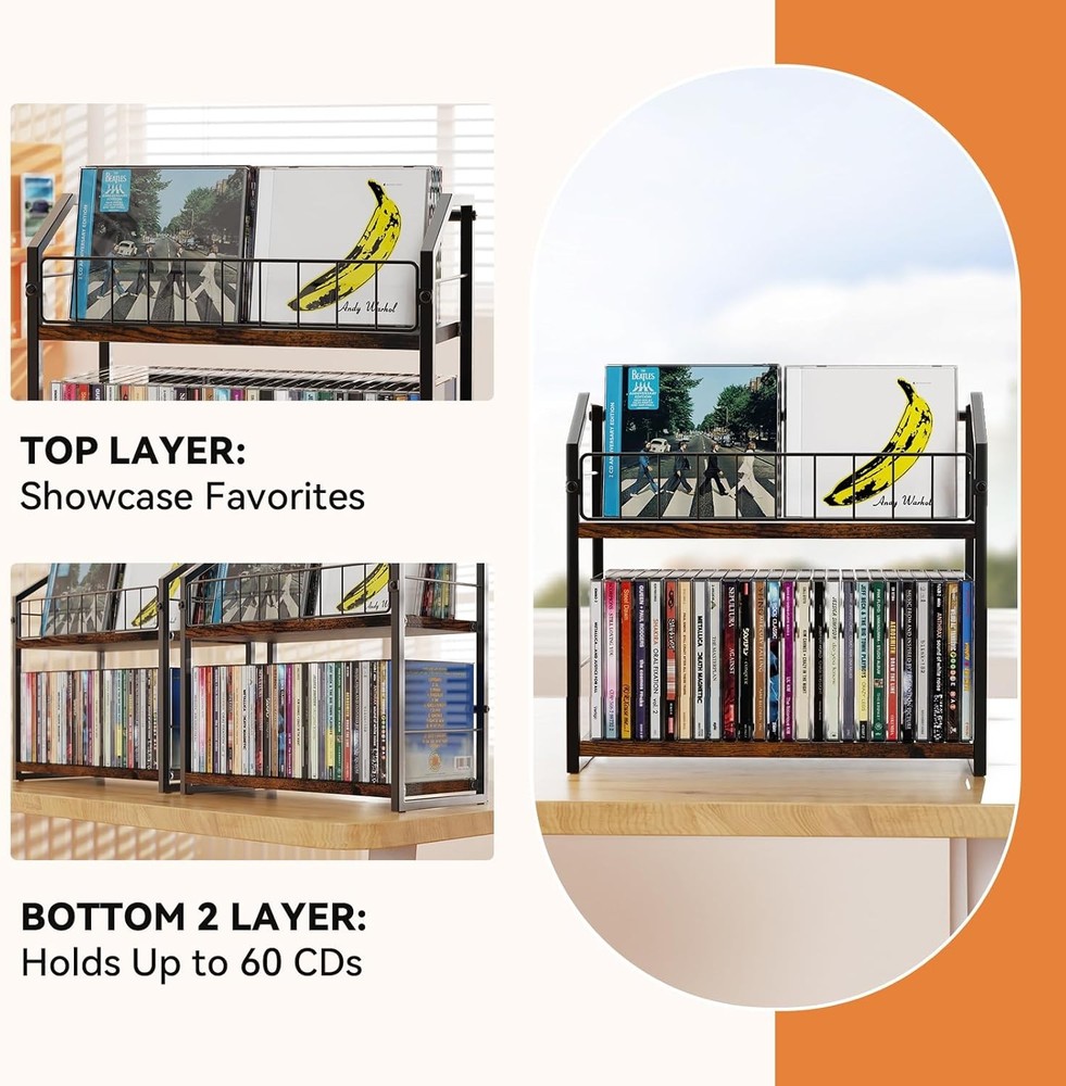 Double-tier CD rack (two-piece set), accommodates 120 standard CDs, brown