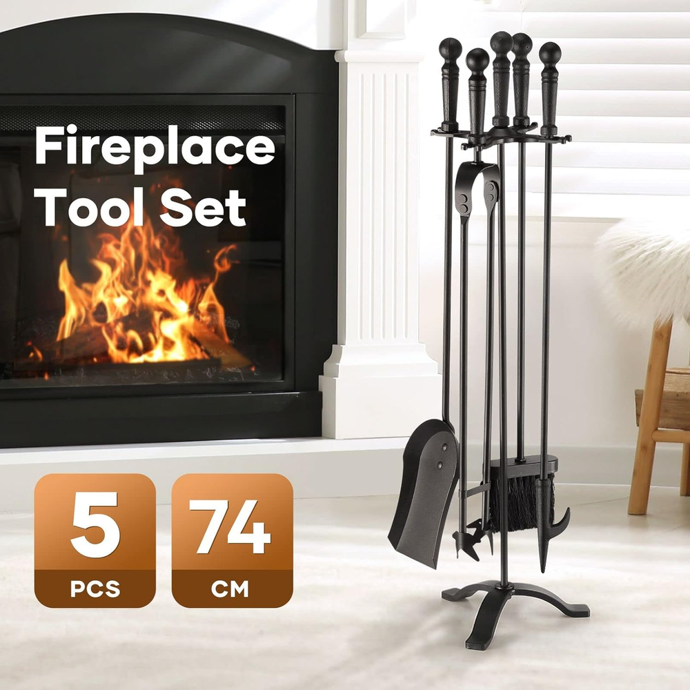 OGL 5 Pcs Fireplace Tools Sets, Firepit Poker Toolset with Accessories Include T
