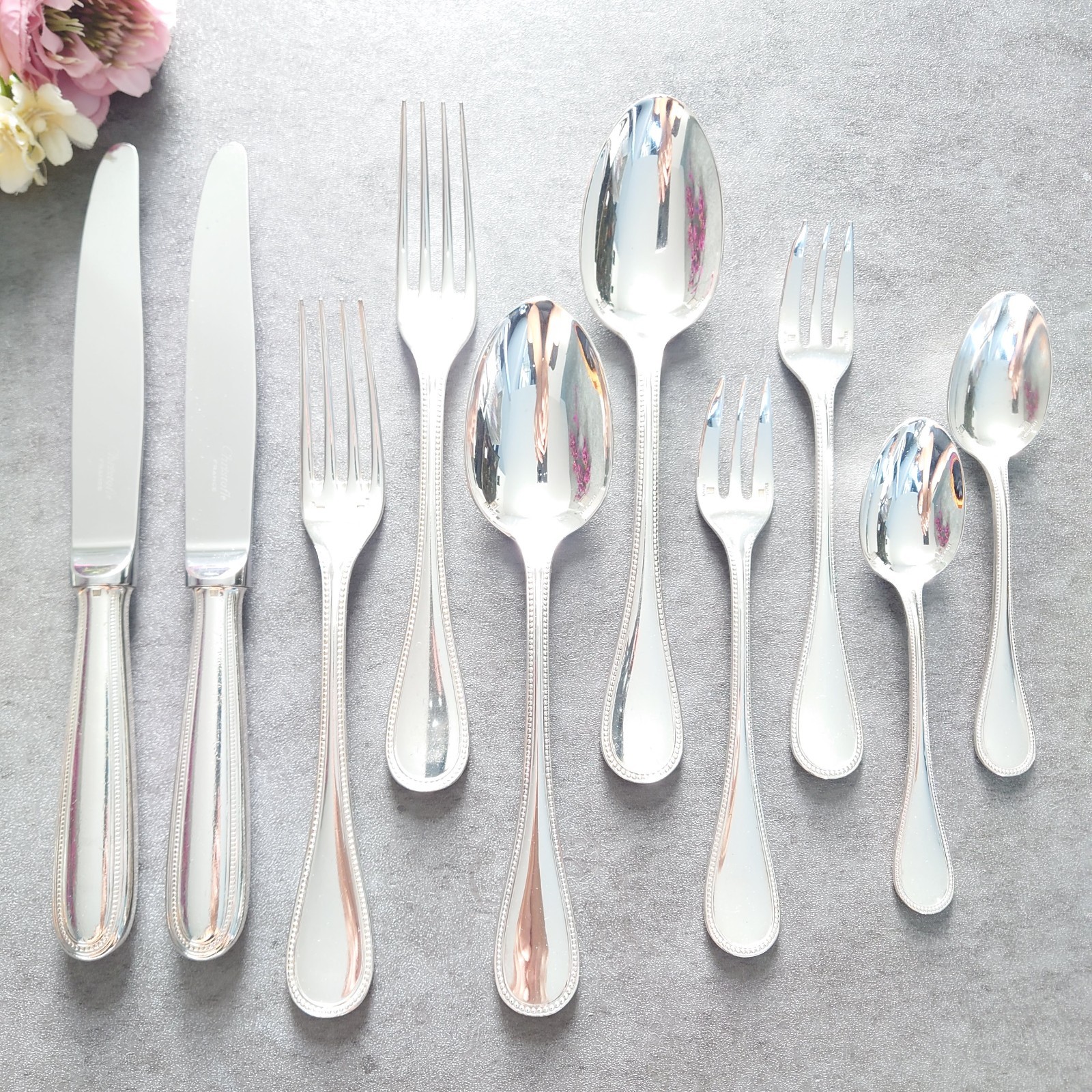 Christofle Perles 10pcs Silverplate Flatware Standard Knife Fork Spoon Very Good