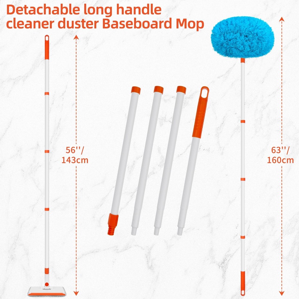 Baseboard Cleaner Tool with Handle Extendable Long Handle Reusable Pads for Floo